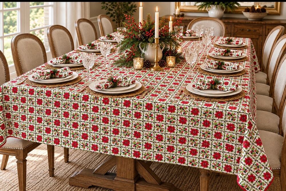 Vintage Christmas Poinsettia Tablecloth 97x59 12 Napkins Red Green Floral